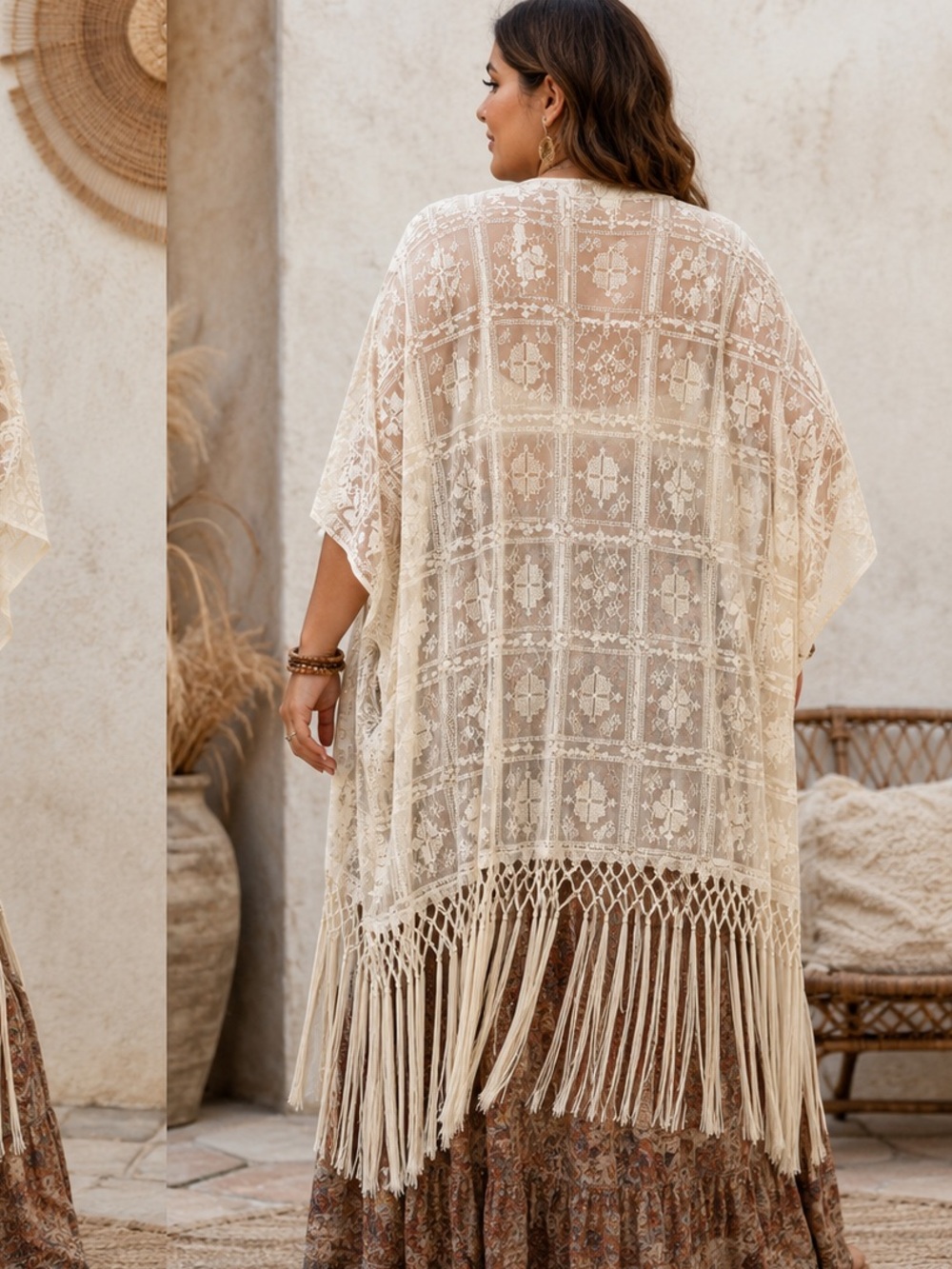 Torrid Boho Indie Lace Kimono Overlay Shawl Fringe‎ Cream 1/2